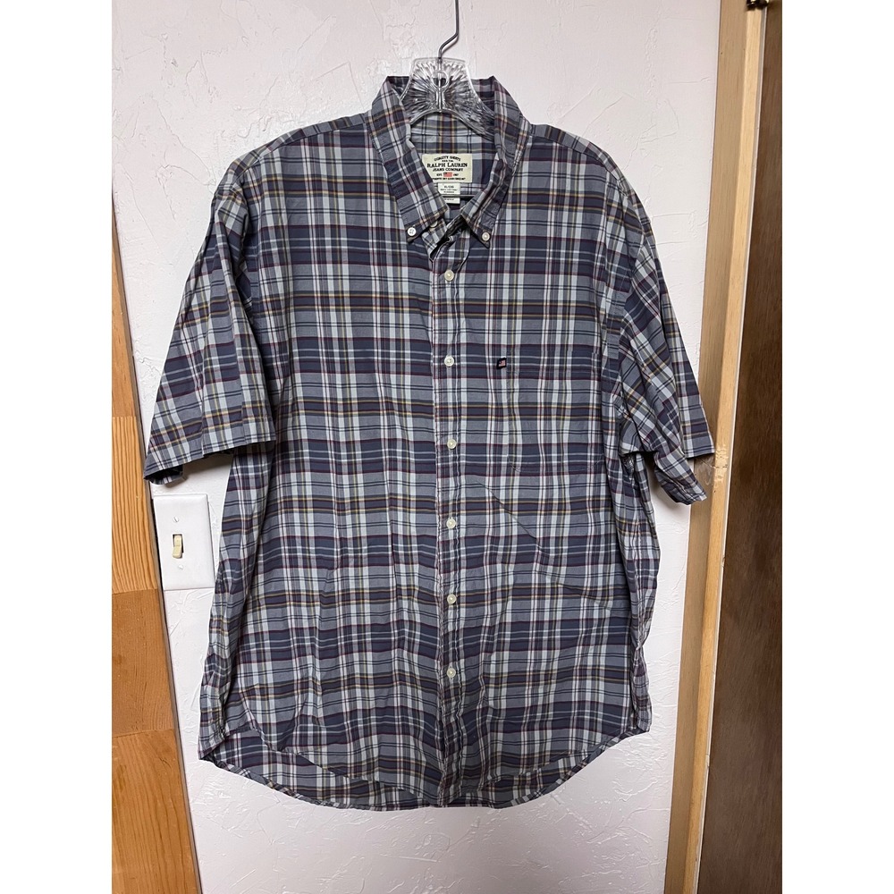 Ralph Lauren Jeans Co‎ Mens XL Plaid Short Sleeve Button Down Shirt Grey Blue